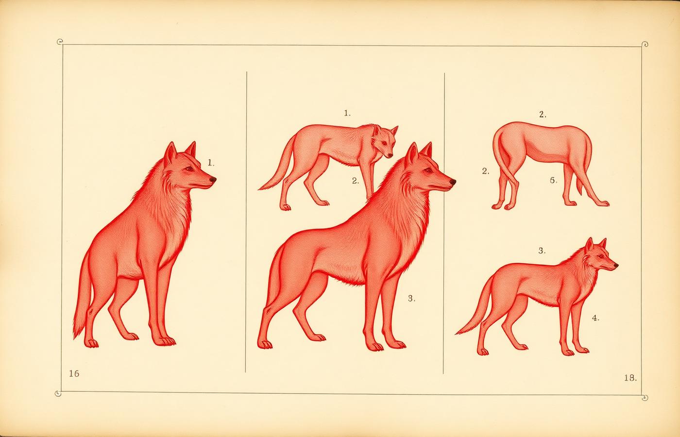 Comparative anatomy plate: six stylized wolf silhouettes rendered as an illustrated 19th-century natural history folio, in crimson ink on cream paper.
